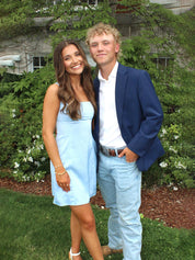 Bow Straps Blue A-line Satin Short Homecoming Party Dress