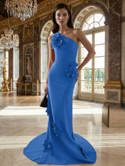 A Line One Shoulder Sleeveless Floor Length Stretch Crepe Dress With 3D Flowers