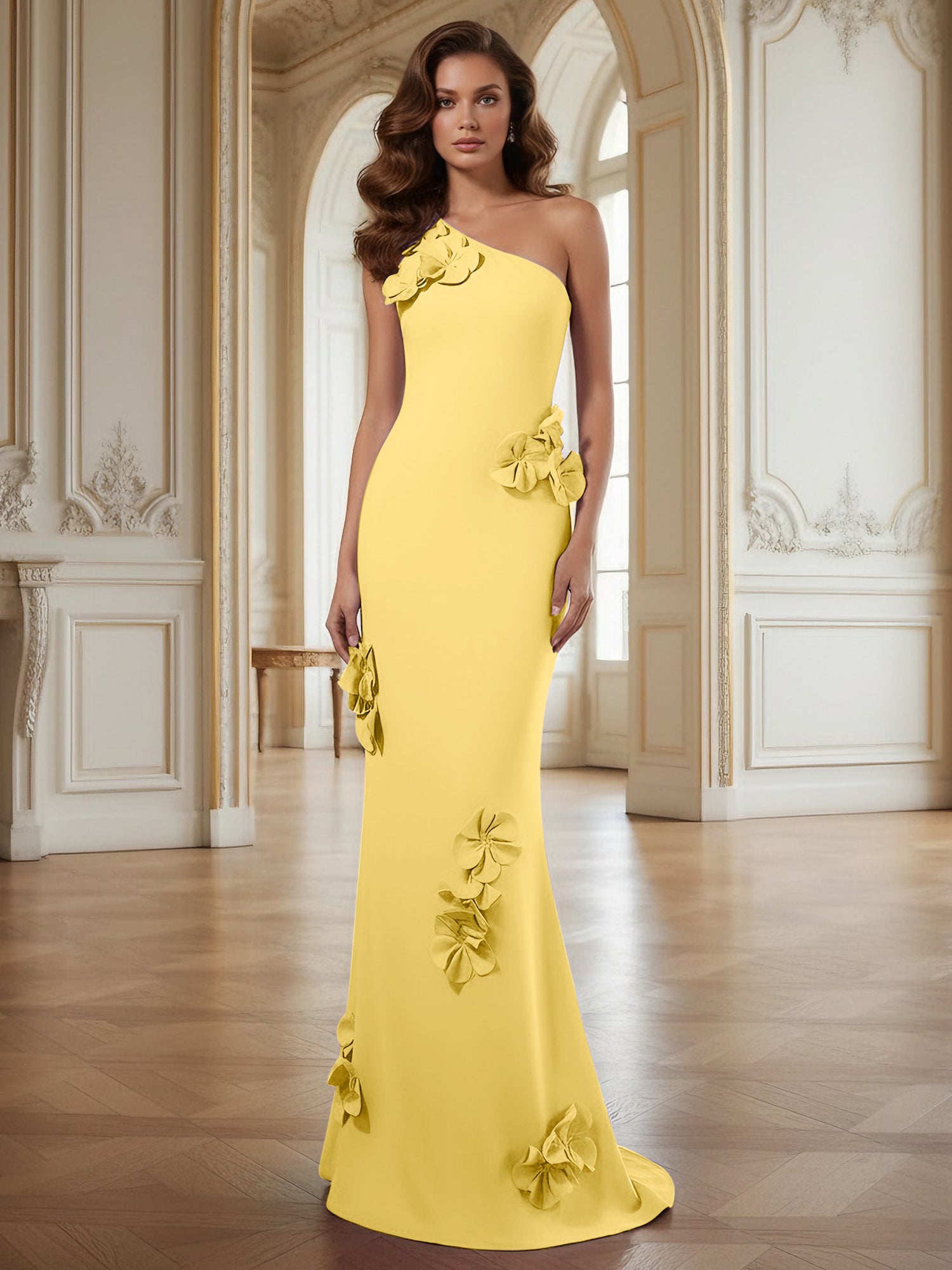 Cream One-Shoulder Prom Dress with Sculptural 3D Floral Appliqués
