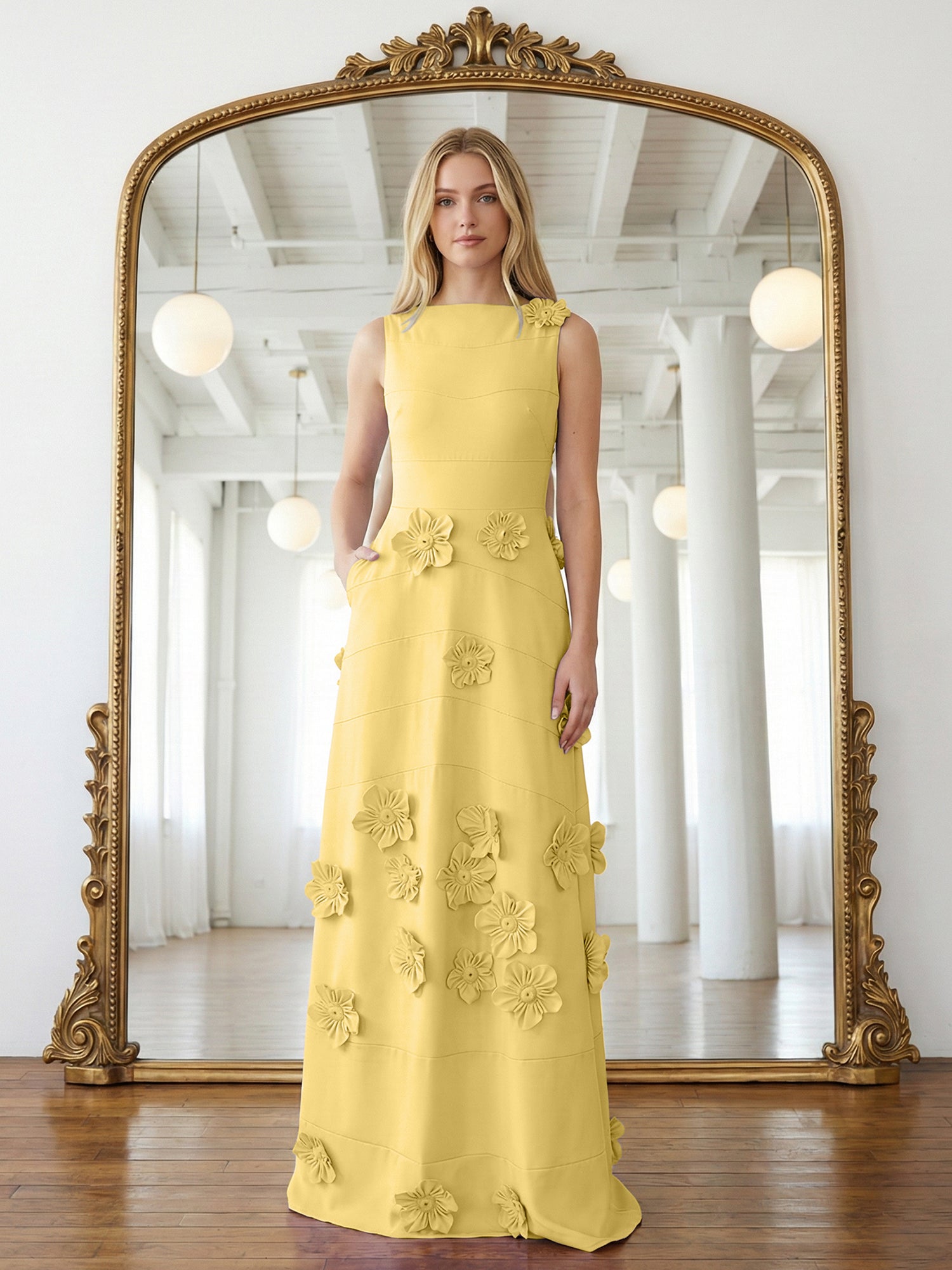 Lavender Boat Neck Formal Gown with Cascading 3D Flowers