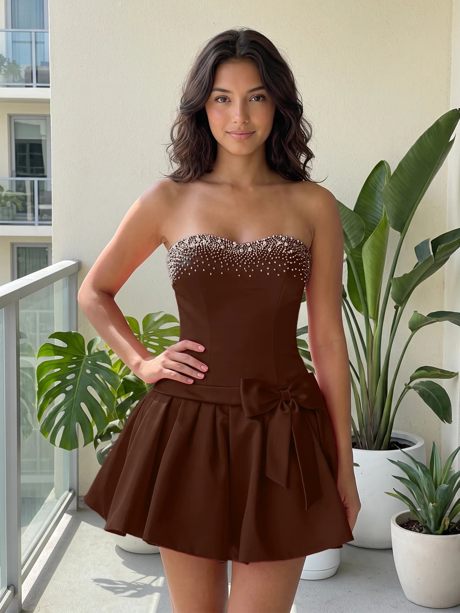 Fuchsia Pearl Corset Short Homecoming Dresses Large Waist Bow Lace Up Back