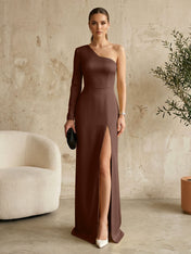 Long Sleeves Black One Shoulder Formal Dress Evening Gown
