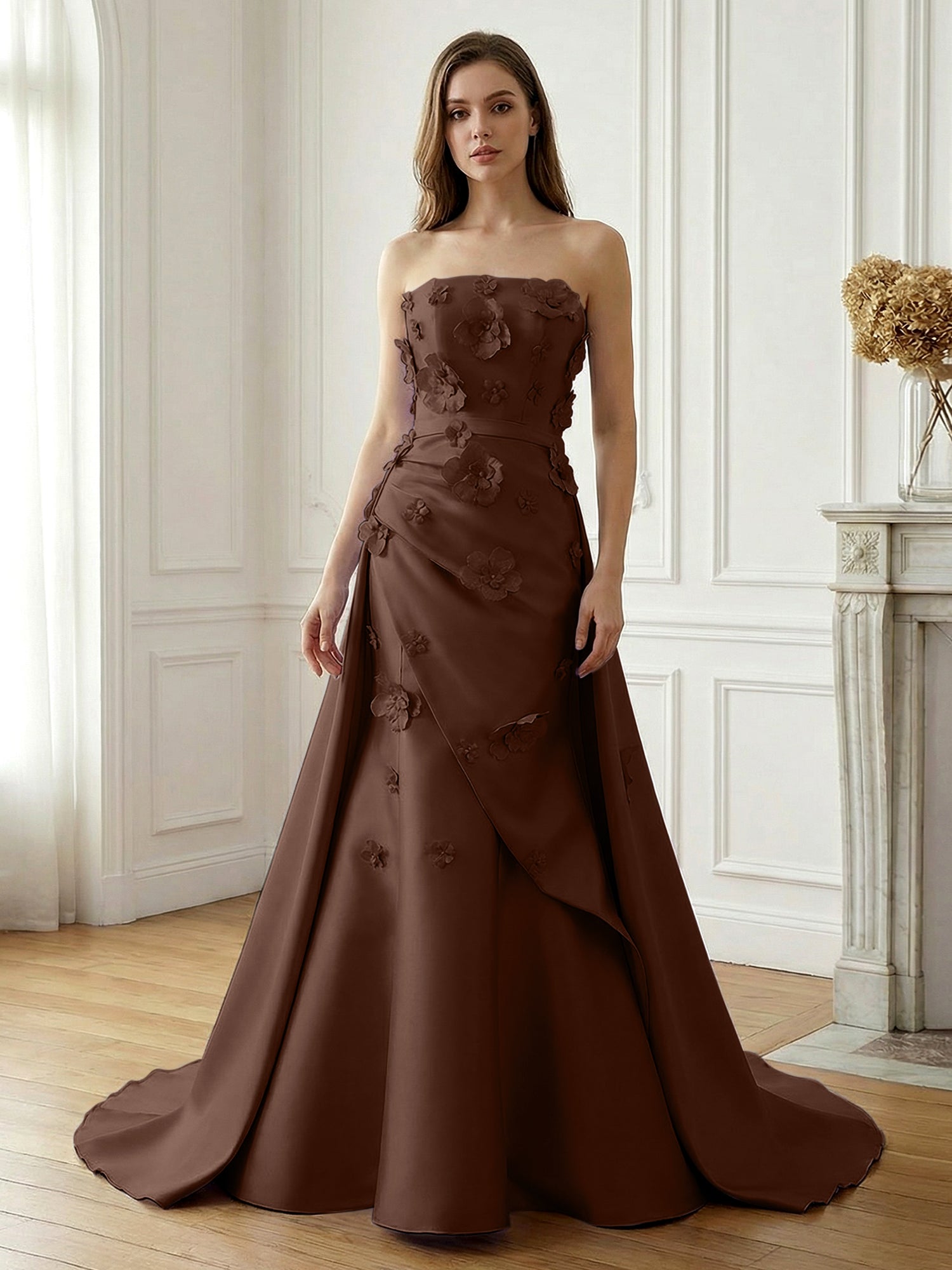 Dreamylily Women Lavender Satin 3D Floral Strapless A-Line Gown Party Evening Dress