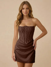 White Strapless Sequin Beaded Satin Short Homecoming Dress with Corset