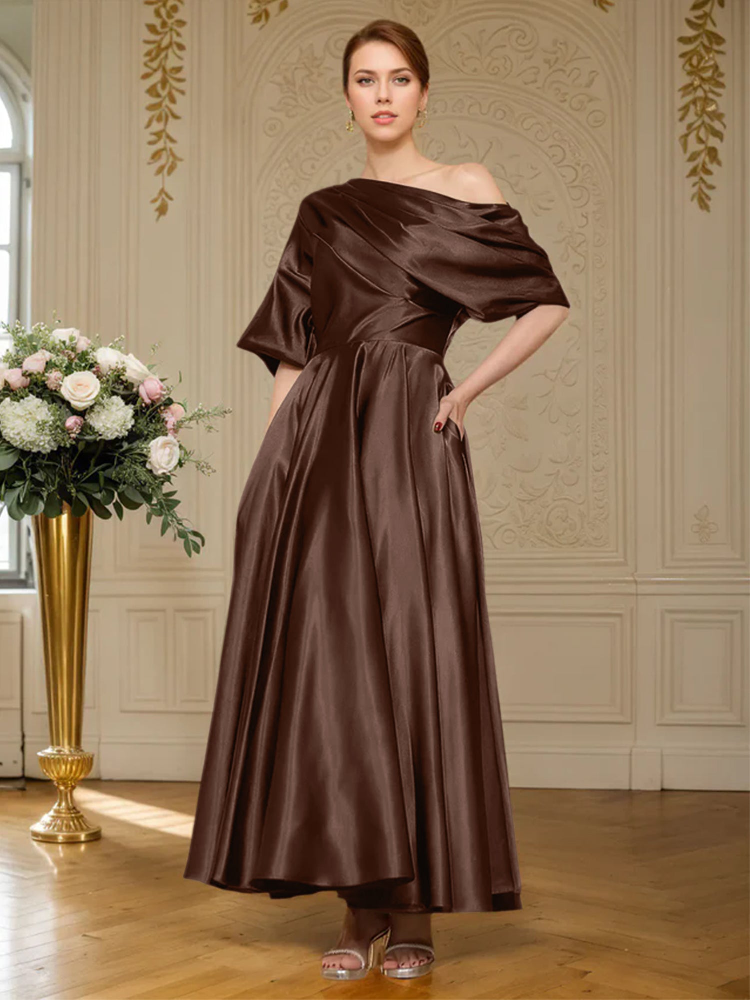 A-line Short Sleeves Pleated Ankle-Length Silk like Satin Mother of the Bride Dress