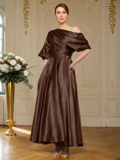 A-line Short Sleeves Pleated Ankle-Length Silk like Satin Mother of the Bride Dress