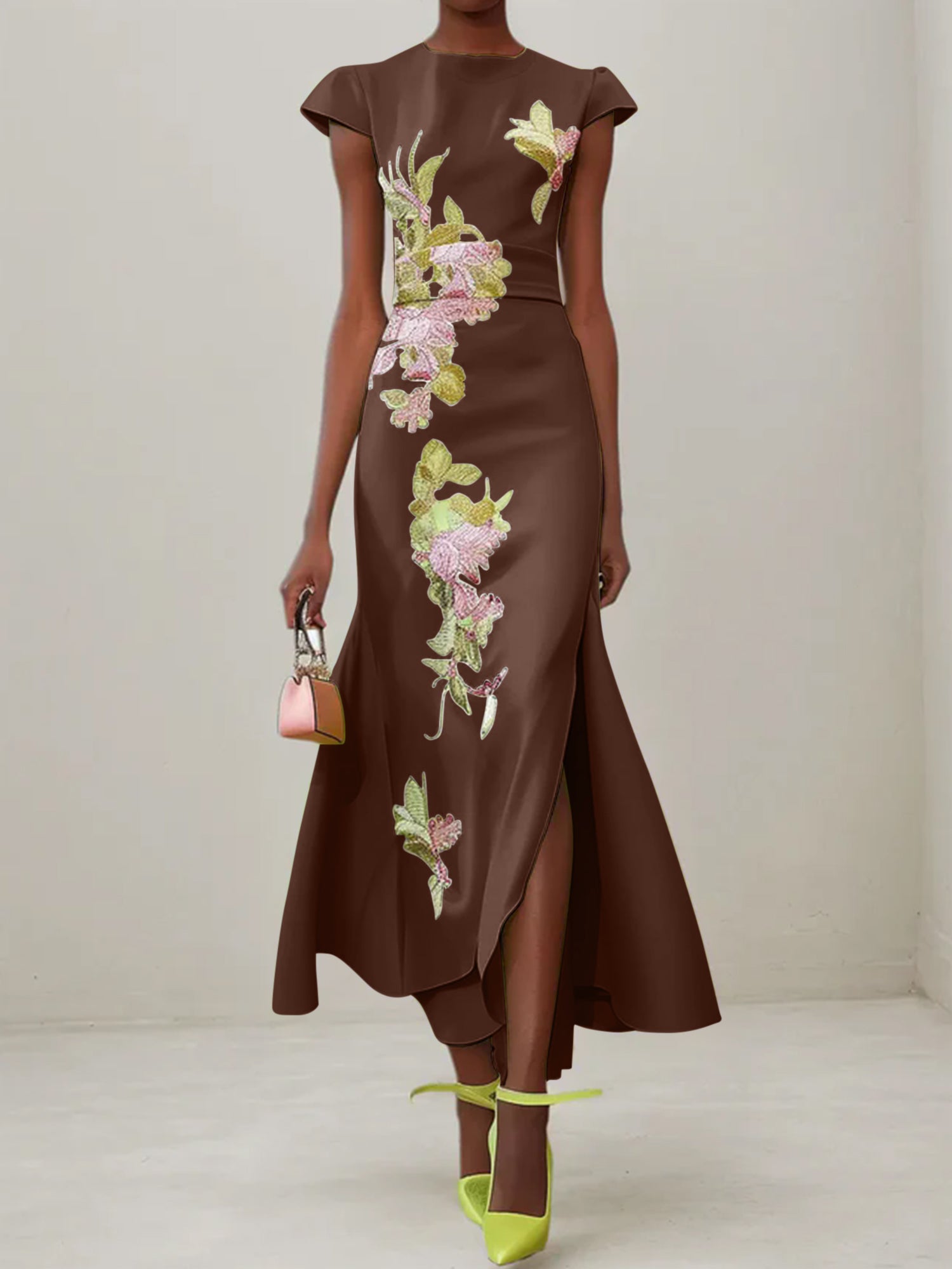 Green Floral Embroidered Cap Sleeve Slit Sheath Maxi Dress