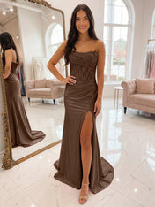 Romantic Pink Satin Corset Slit Prom Dress with Beaded Bodice