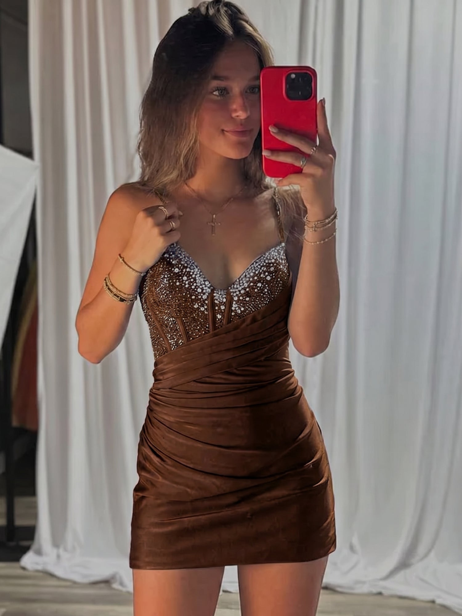 Beaded V Neck Corset Bodice Homecoming Dress