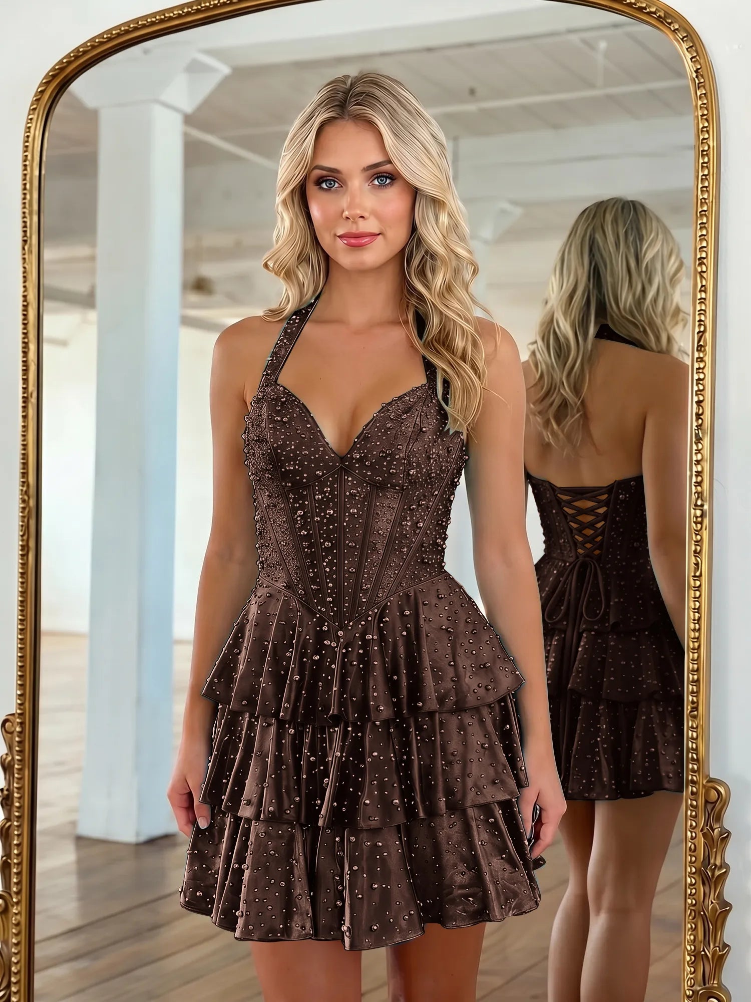 Halter Neck Pearl Beaded Tiered Short Homecoming Dresses