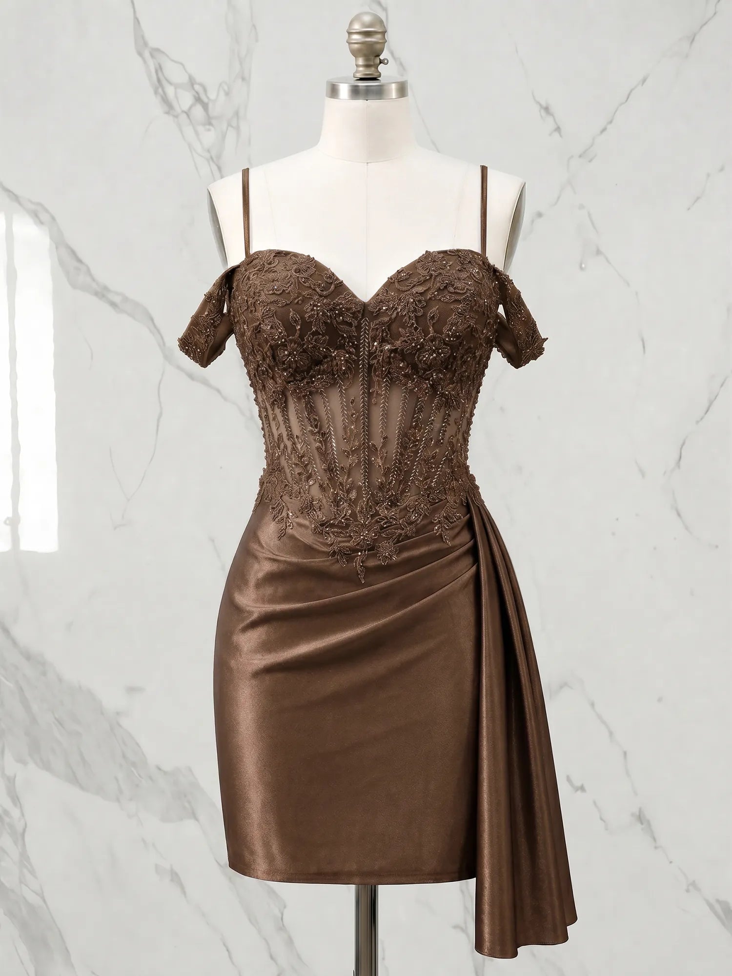 Sweetheart Sheer Corset Mini Dress with Cascading Side Drape Homecoming Dresses