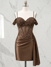 Sweetheart Sheer Corset Mini Dress with Cascading Side Drape Homecoming Dresses