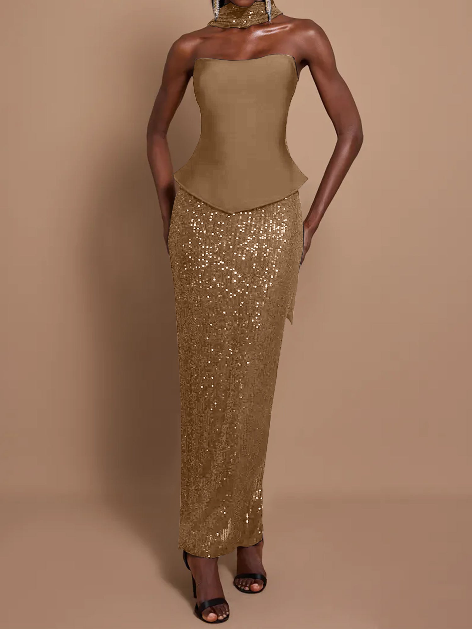 Off-Shoulder Bandage Top & Sequin Midi Skirt Set