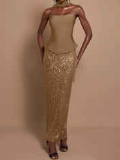 Off-Shoulder Bandage Top & Sequin Midi Skirt Set