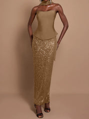 Off-Shoulder Bandage Top & Sequin Midi Skirt Set