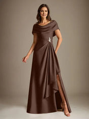 A-Line Scoop Floor-Length Stretch Satin Mother of the Bride Dress With Cascading Ruffles