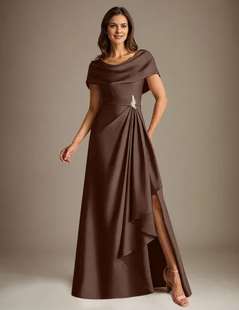 A-Line Scoop Floor-Length Stretch Satin Mother of the Bride Dress With Cascading Ruffles