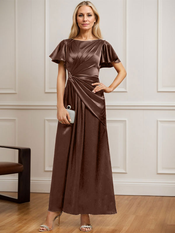 A-line Scoop Ankle-Length Stretch Satin Mother of the Bride Dress With Pleated Beading