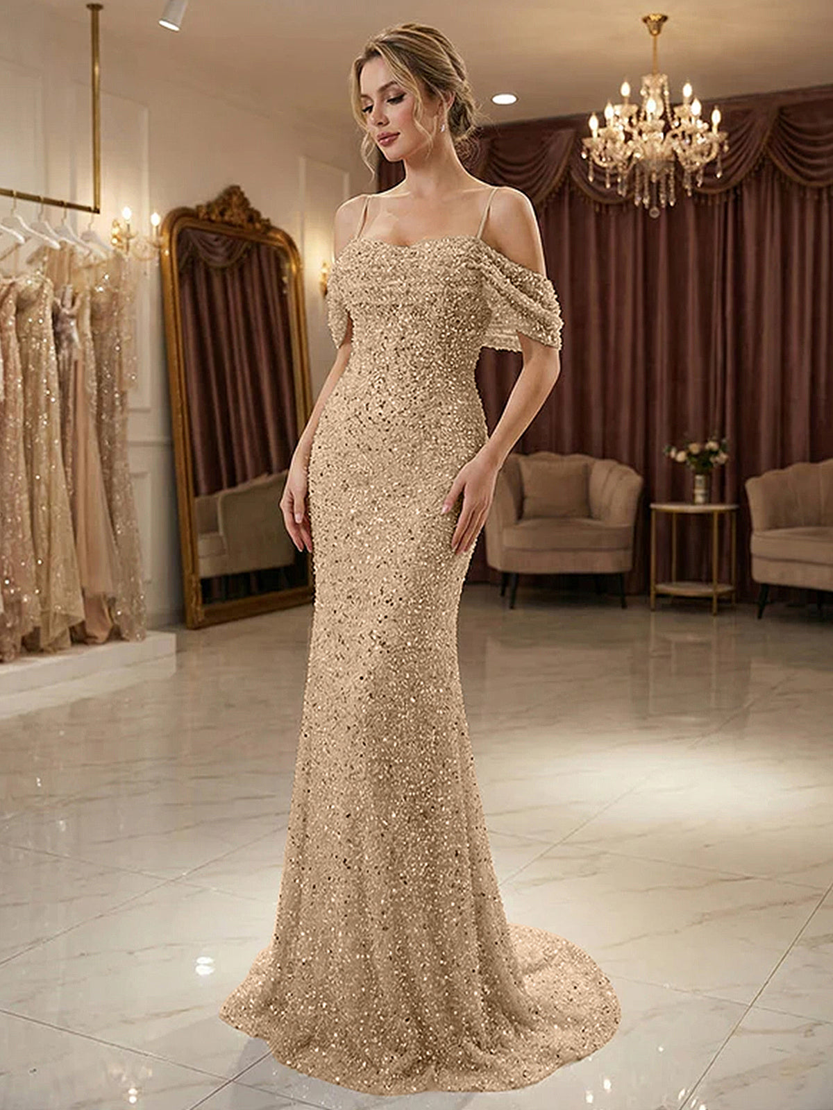 Sparkly Champagne Beaded Off-the-Shoulder Mermaid Long Prom Dress