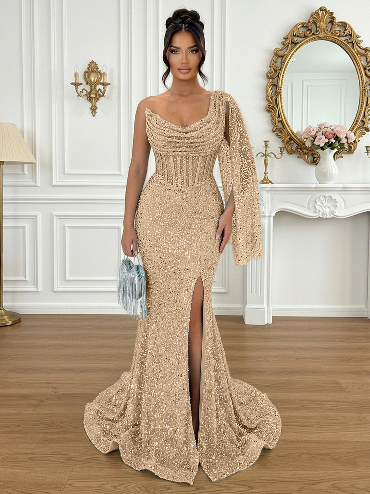 Glamorous Ice Blue One-Shoulder Sequin Corset Mermaid Prom Dresses with Slit
