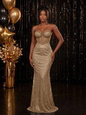 Strapless Sequin-Accented Mermaid Prom Dress with High Slit