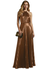 Luxurious Champagne-Gold Pleated Halter Long Prom Dress
