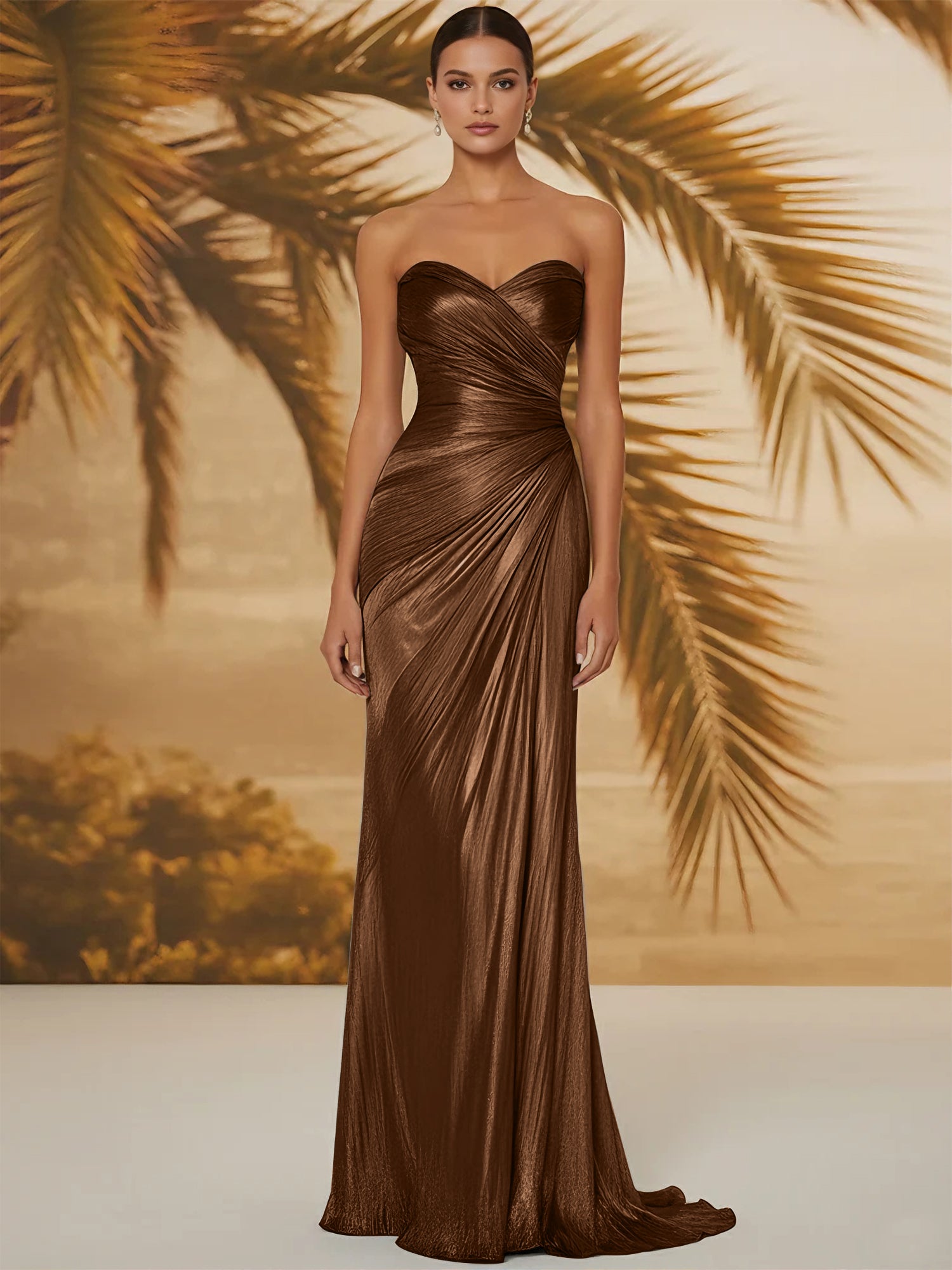 Evening Formal Dress V Neck Silk Ruffles Strapless Maxi Dress
