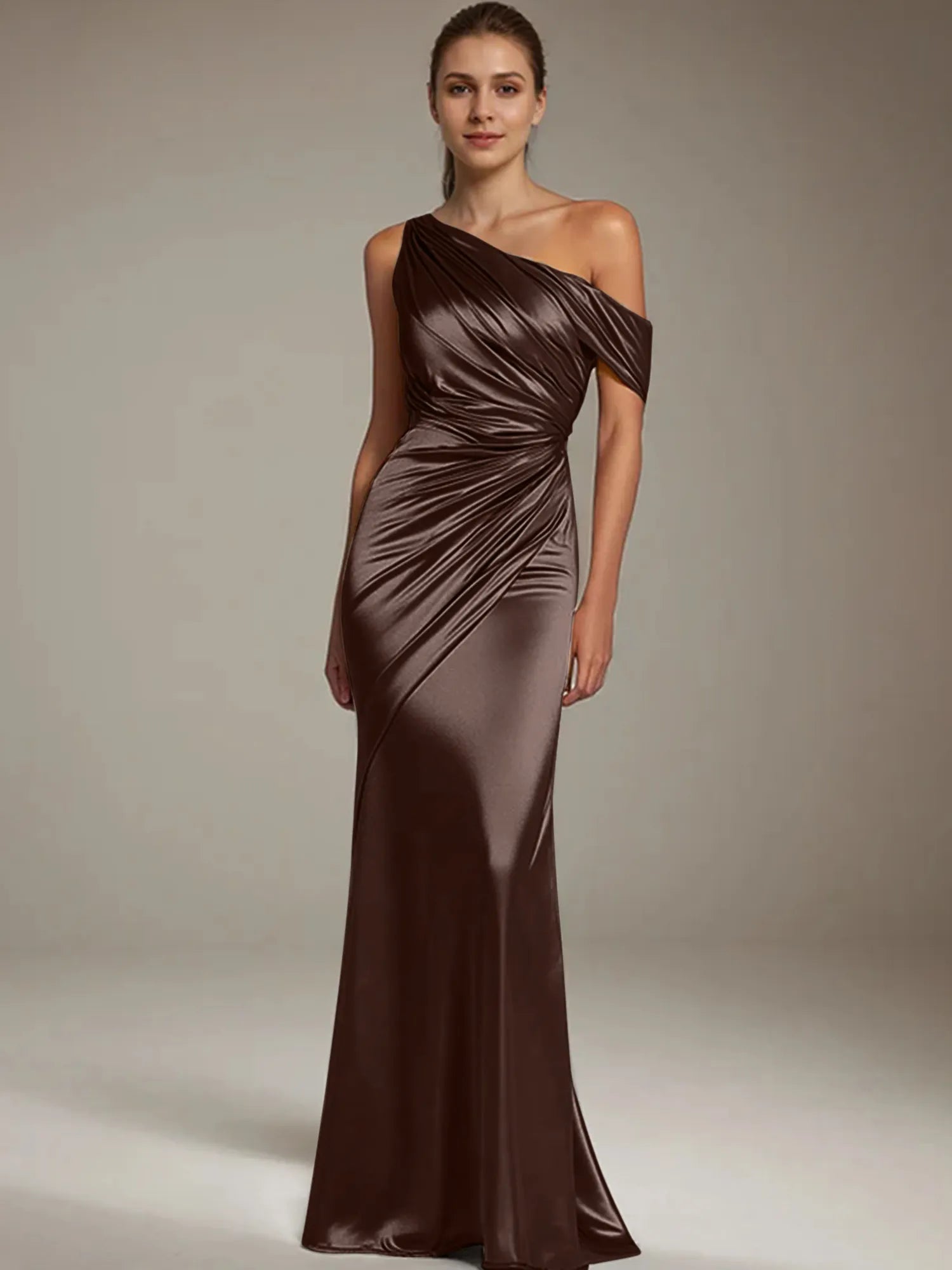Formal Party Satin Dress Silver One-Shoulder Pleated  Floor-Length Dress