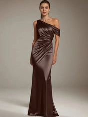 Formal Party Satin Dress Silver One-Shoulder Pleated  Floor-Length Dress