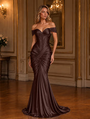 Burgundy Off-The-Shoulder Ruched Mermaid Floor-Length Gown Dress