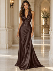 Elegant and Luxurious Cowl-neck Champagne Gold Satin Maxi Dress
