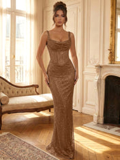 Sparkly Blue Shimmer Cowl Neck Corset Prom Dress