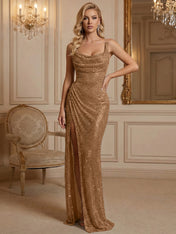 Silver Sequin Cowl Neck Ruched Long Prom Dress with High Slit