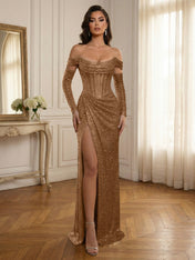 Glamorous Sequined Off-Shoulder Corset Bodice Long Prom Dress with High Slit
