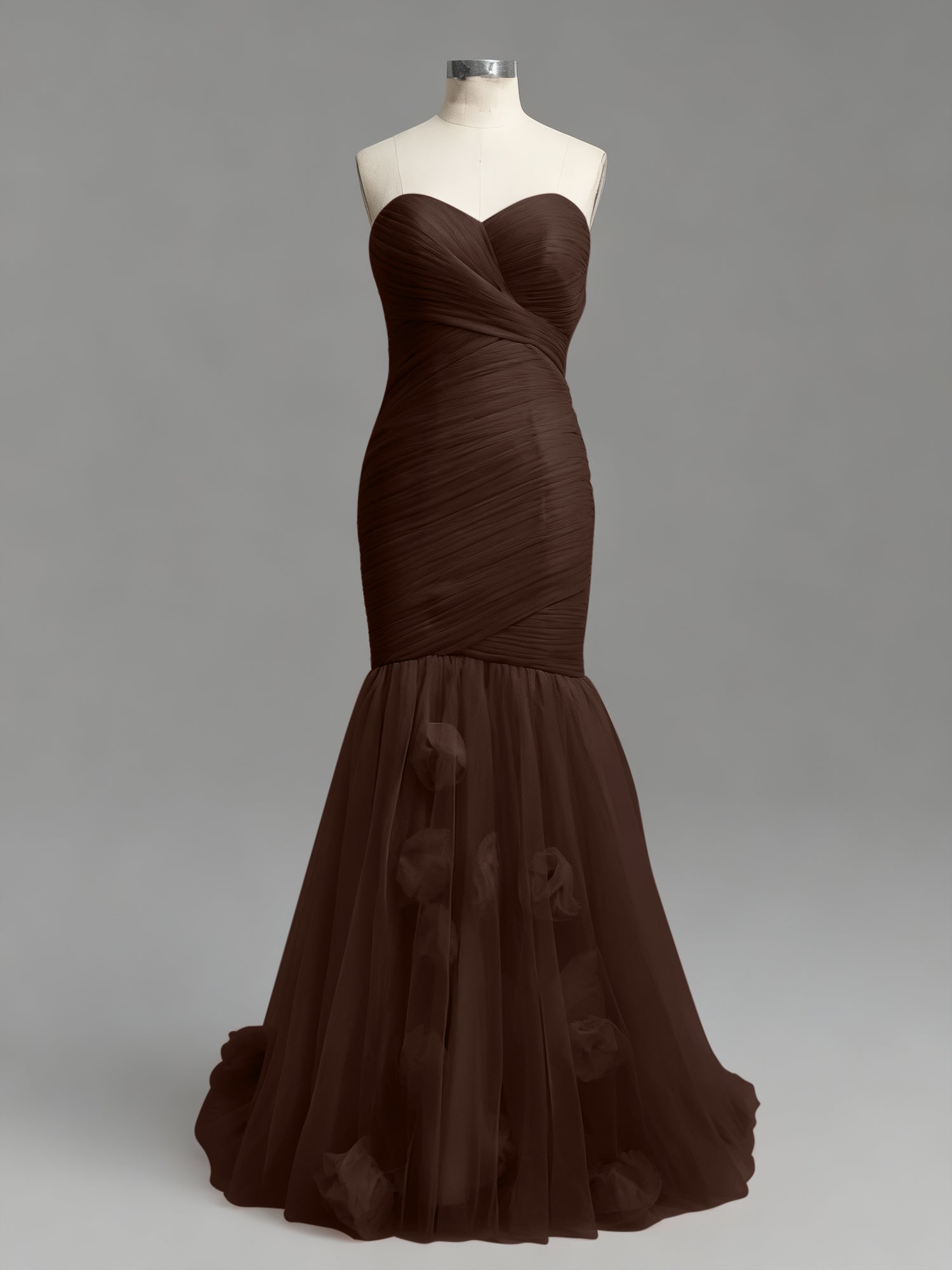 Dusty Rose Mermaid Strapless Ruched Tulle Prom Dress with 3D Floral