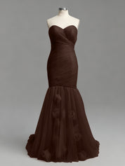 Dusty Rose Mermaid Strapless Ruched Tulle Prom Dress with 3D Floral