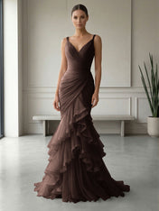 Mauve Folds Tulle Strapless Sleeveless Mermaid Gown Dress