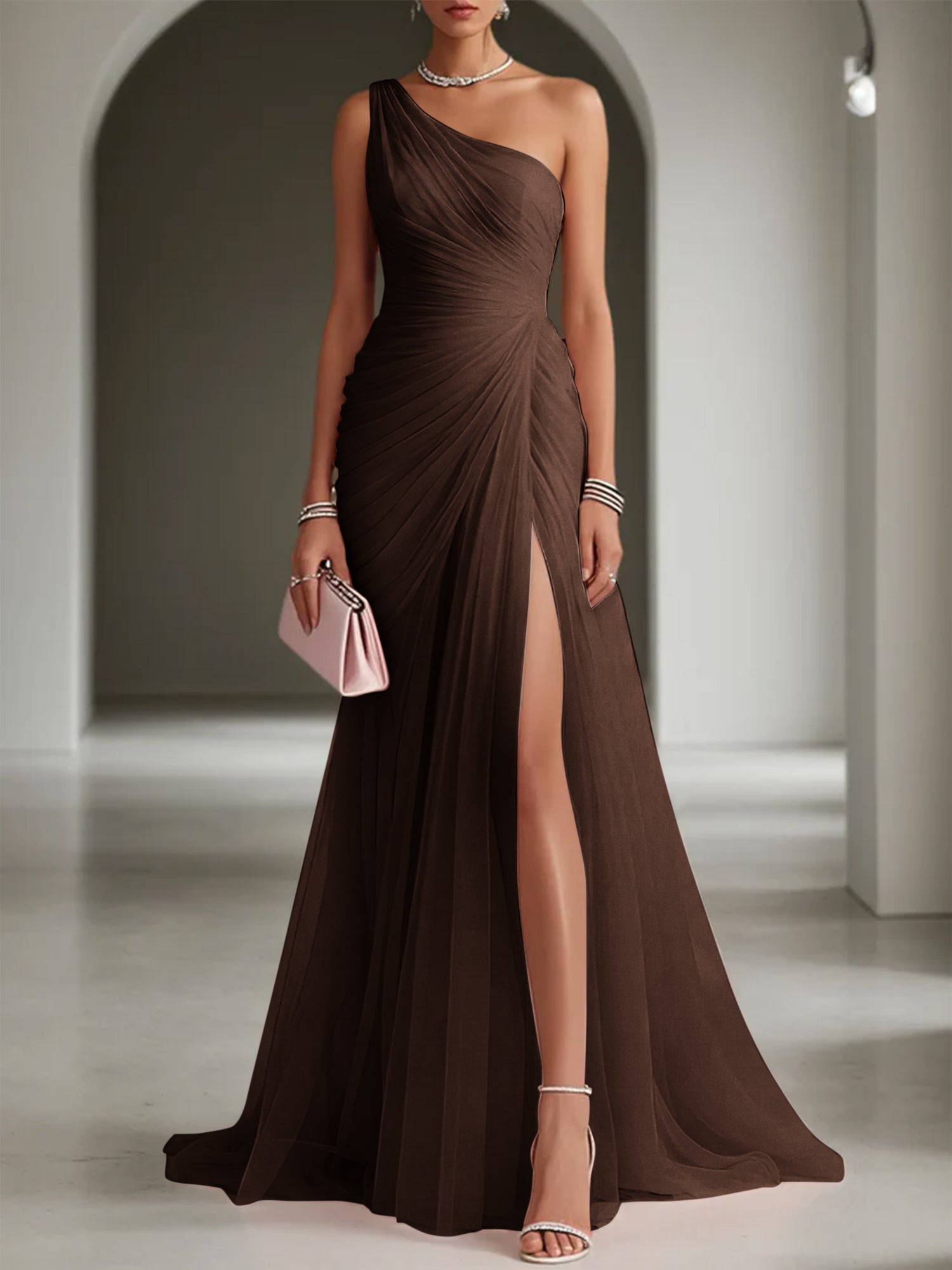 Pink Ruched Slit Tulle Strapless One Shoulder Sheath Gown Dress