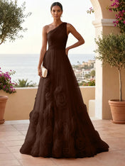 One-Shoulder Sweetheart Tulle Ball Gown with 3D Floral Accents Evening Dresses