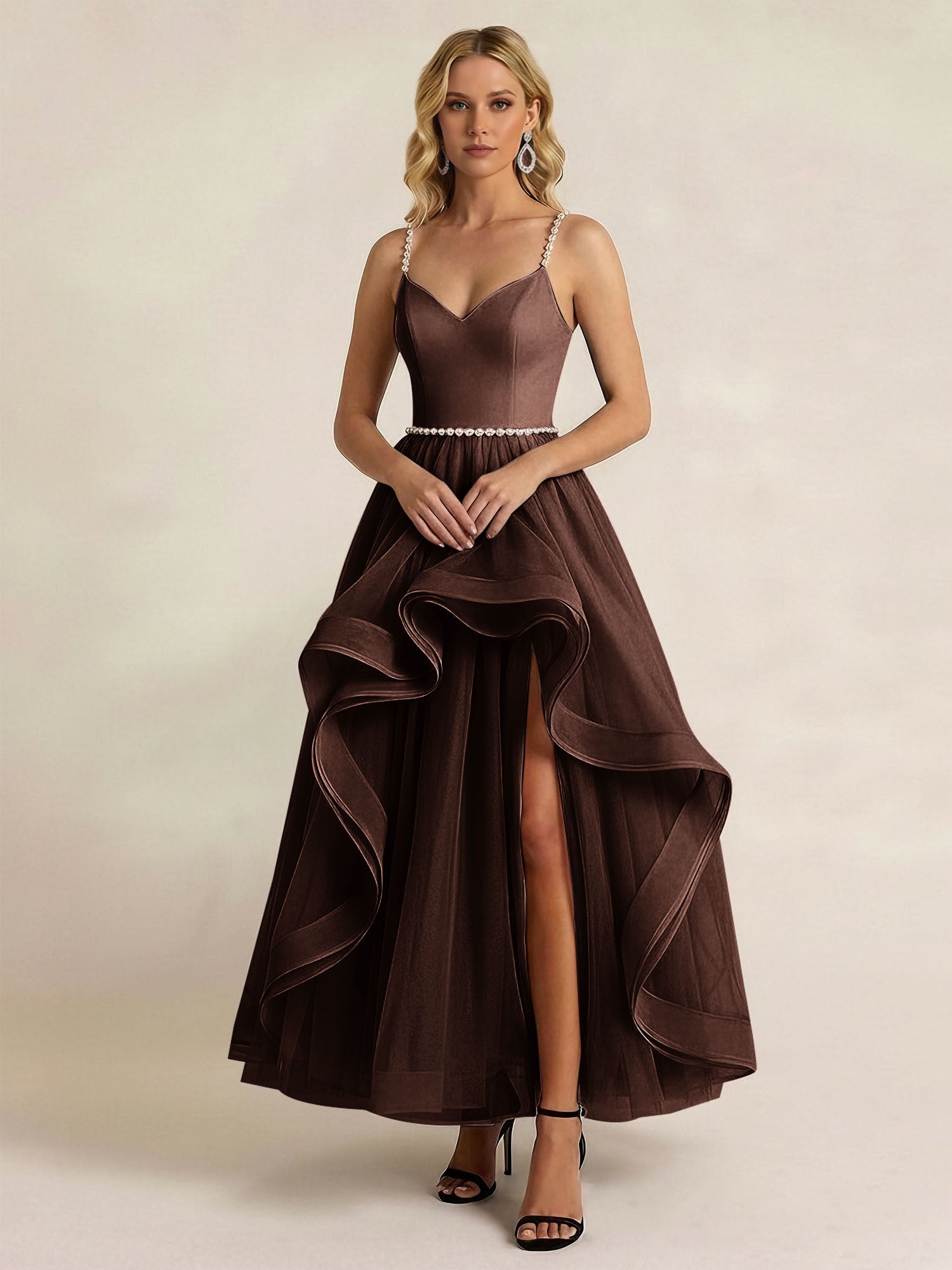Black Tulle Ruffled A Line Long Formal Dress with Slit