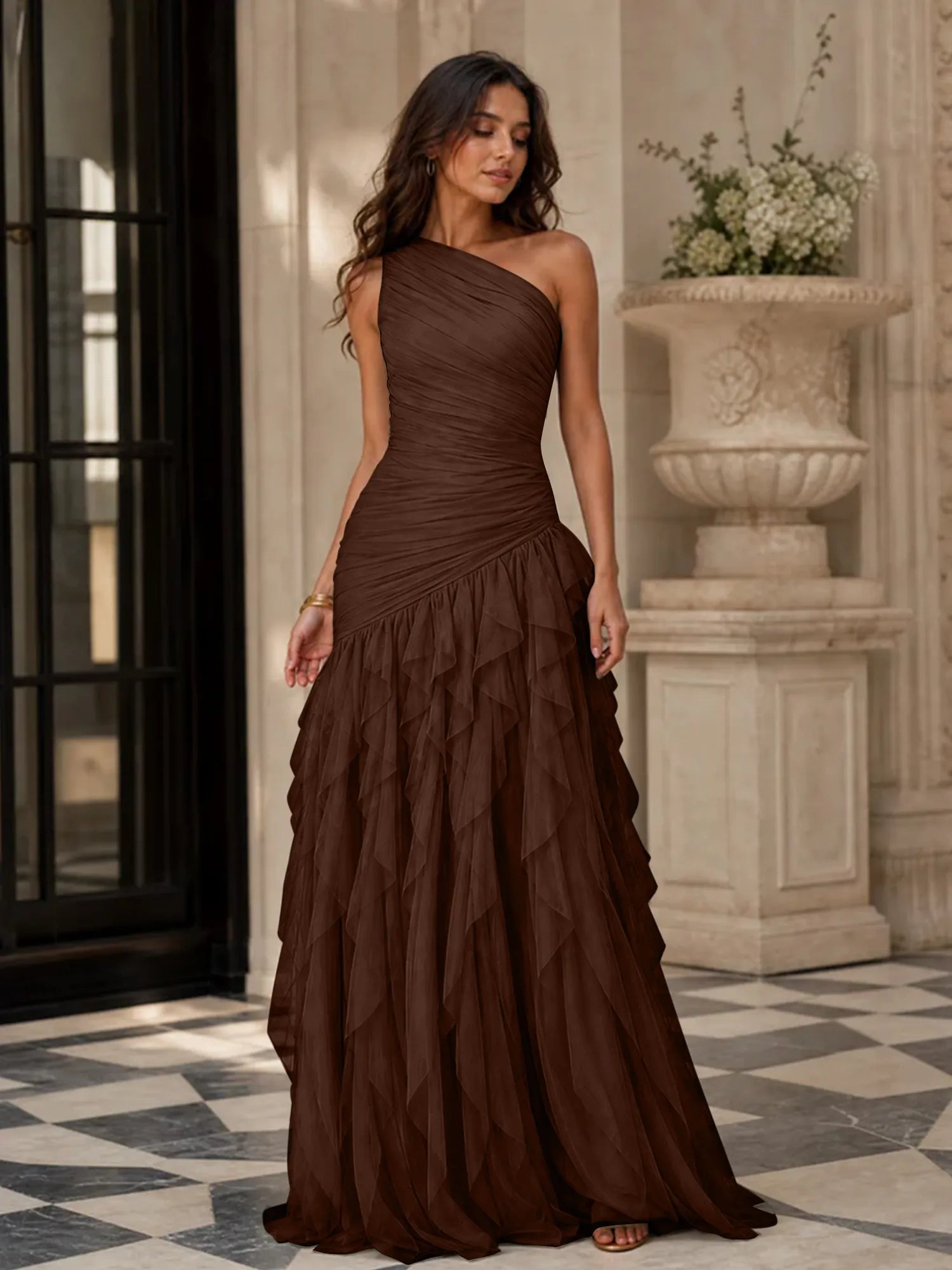 Emerald Green One-Shoulder Ruched Asymmetric Ruffle Chiffon Floor-Length Gown Dress