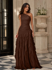 Emerald Green One-Shoulder Ruched Asymmetric Ruffle Chiffon Floor-Length Gown Dress