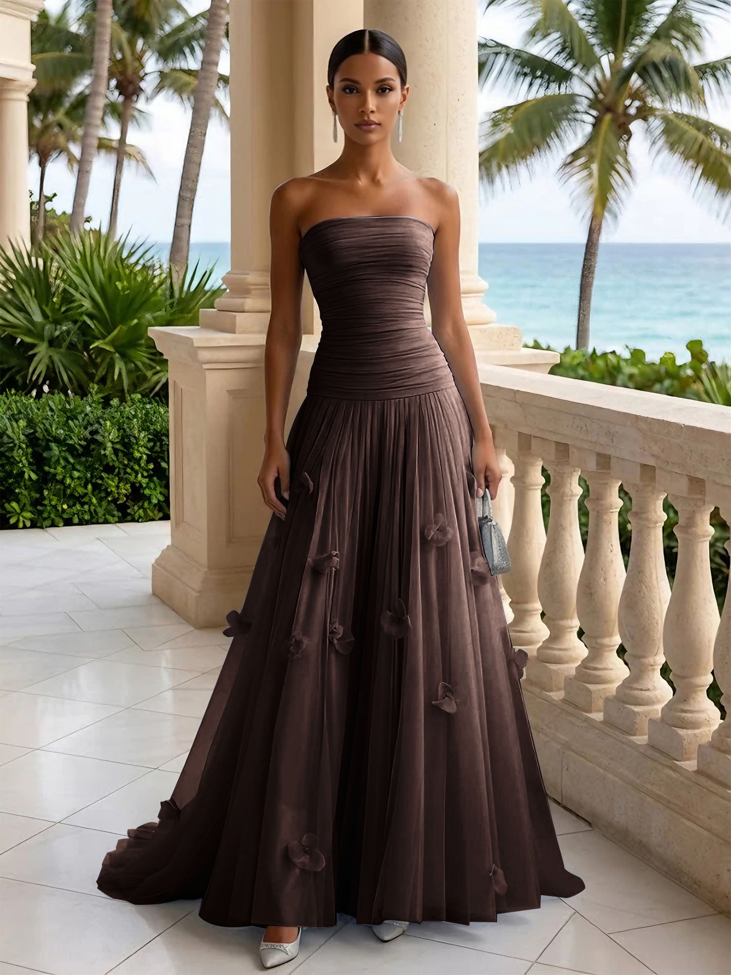 Light Blue Evening Dress with 3D Flower Strapless Pleat Maxi Dress