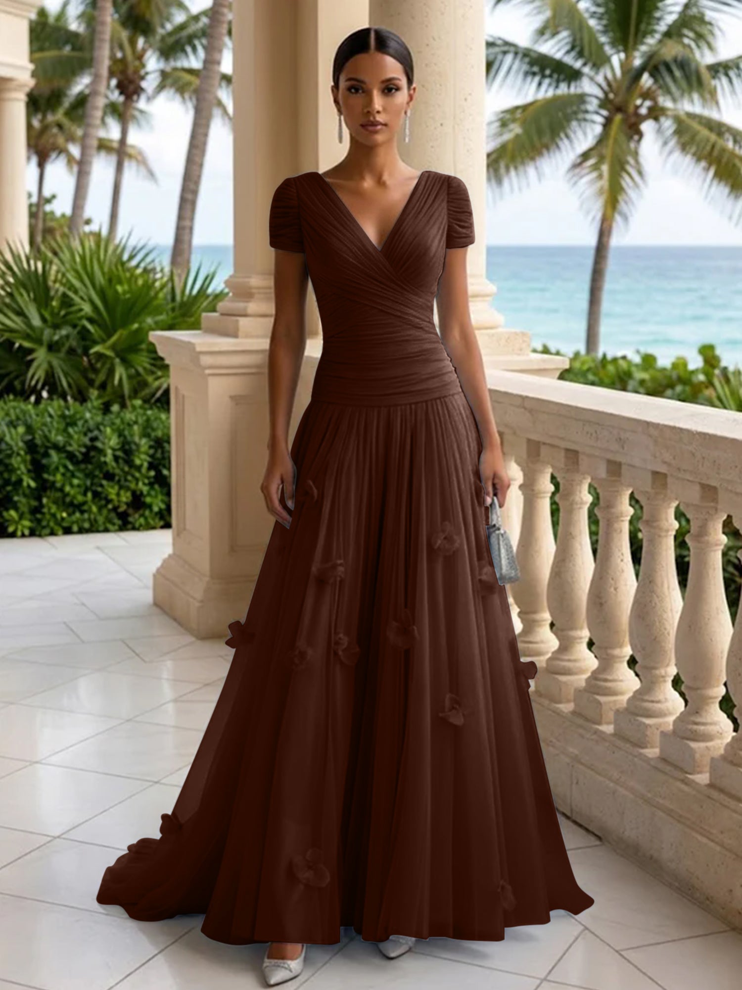 Light Blue Short-Sleeve Tulle Gown Evening Dress with 3D Flower V Neck Pleat Maxi Dress
