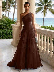 Light Blue Evening Dress with 3D Flower One Shoulder Pleat Maxi Dress