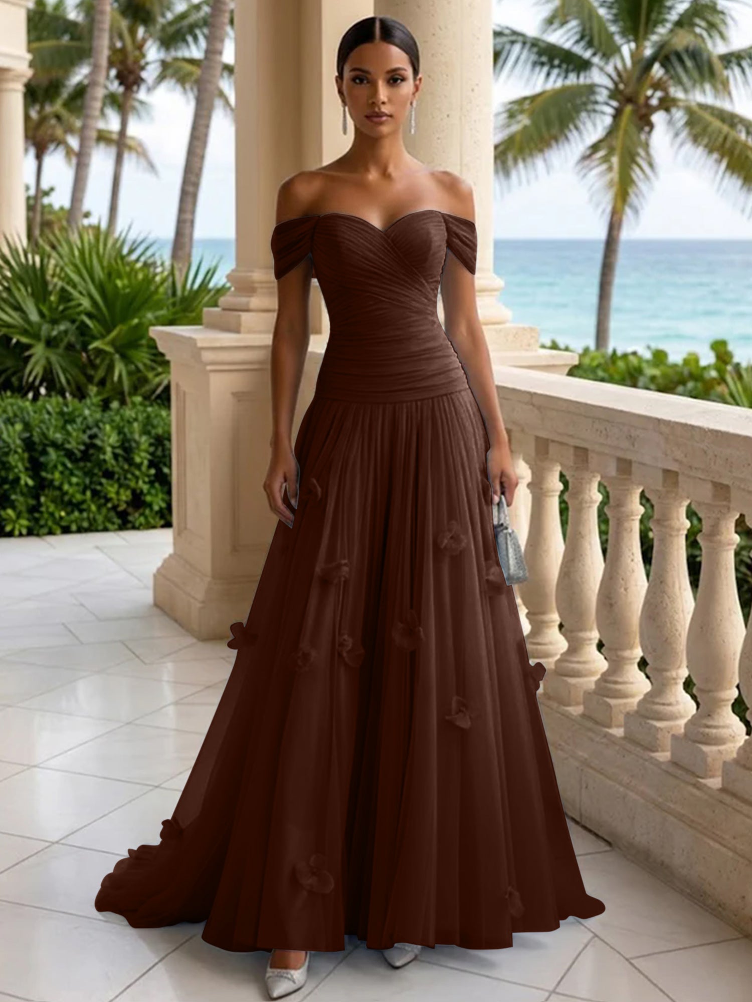 Light Blue Evening Dress with 3D Flower Off The Shoulder Pleat Maxi Dress