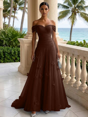 Light Blue Evening Dress with 3D Flower Off The Shoulder Pleat Maxi Dress