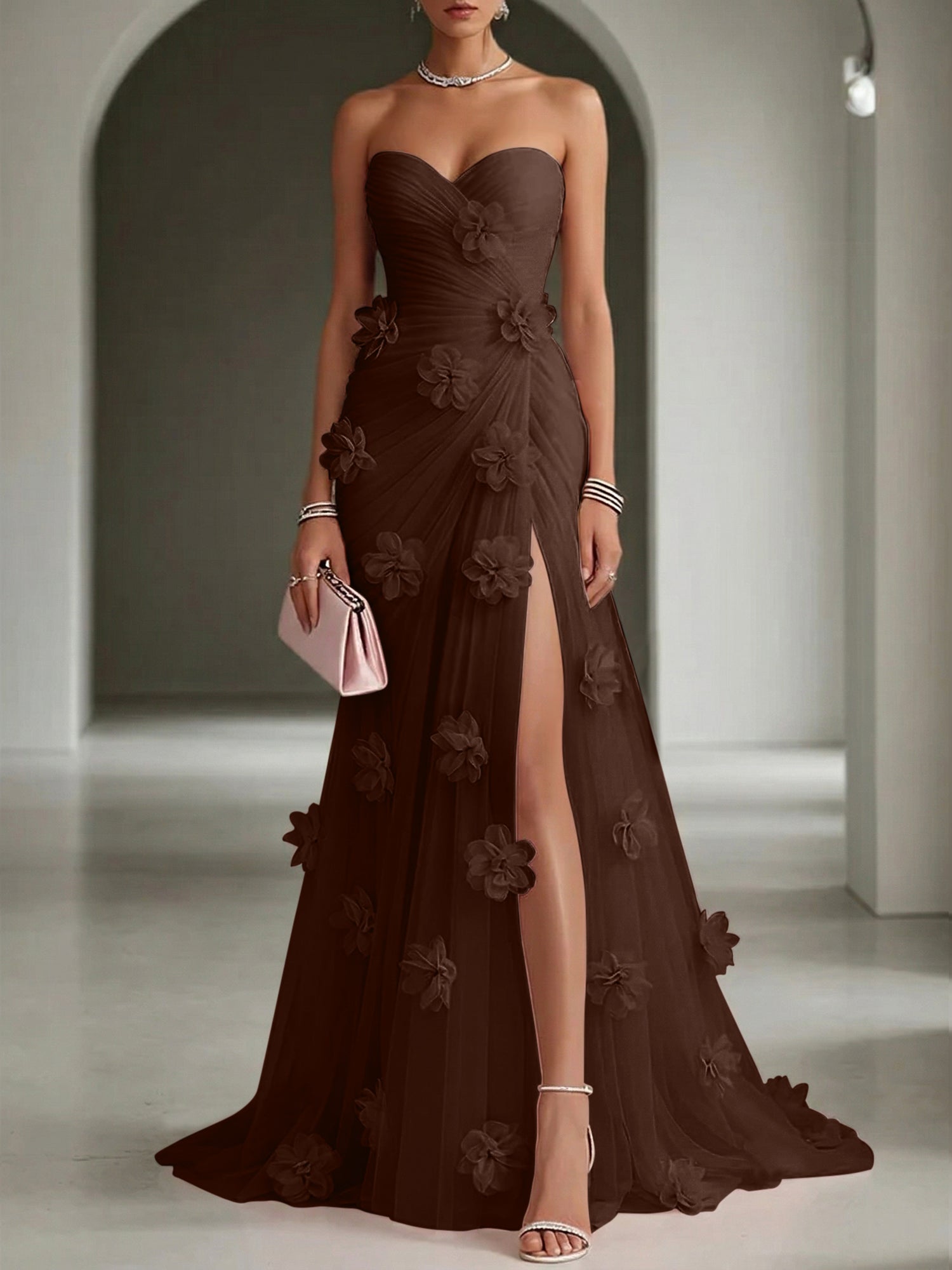 Ethereal Blush Slit 3D Floral Strapless Tulle Gown Dress