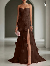 Ethereal Blush Slit 3D Floral Strapless Tulle Gown Dress