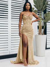 Glitter Orange Strapless Mermaid Sequined Long Prom Dress with Slit